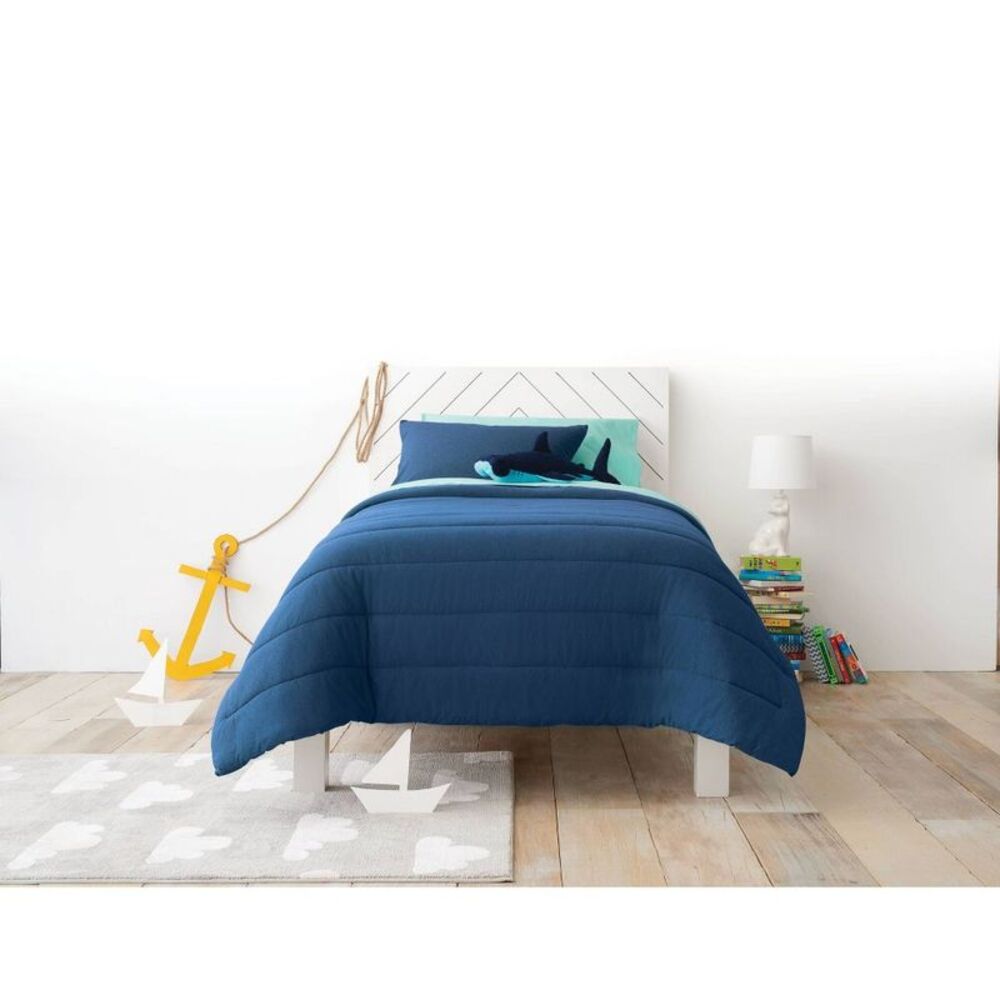 Twin Kids' Quilted Channel Jersey Comforter Set - Navy Blue 2-Piece